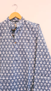 Blue Grey Slim Fit Block Print Kurta