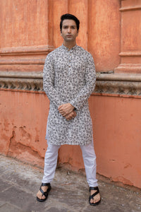 Grey Floral Slim Fit Block Print Kurta