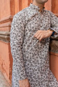 Grey Floral Slim Fit Block Print Kurta