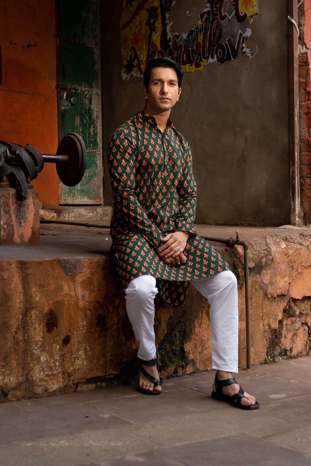 Bottle Green Slim Fit Block Print Kurta