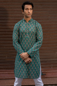 Dark Teal Slim Fit Block Print Kurta