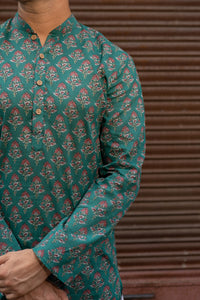 Dark Teal Slim Fit Block Print Kurta