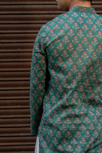 Dark Teal Slim Fit Block Print Kurta