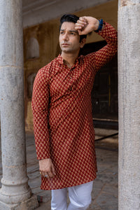 Brick Red Slim Fit Block Print Kurta