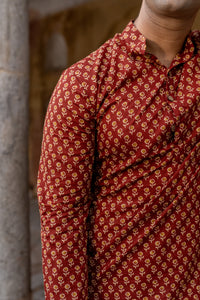 Brick Red Slim Fit Block Print Kurta