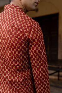 Brick Red Slim Fit Block Print Kurta