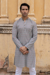 Grey Sky Slim Fit Block Print Kurta