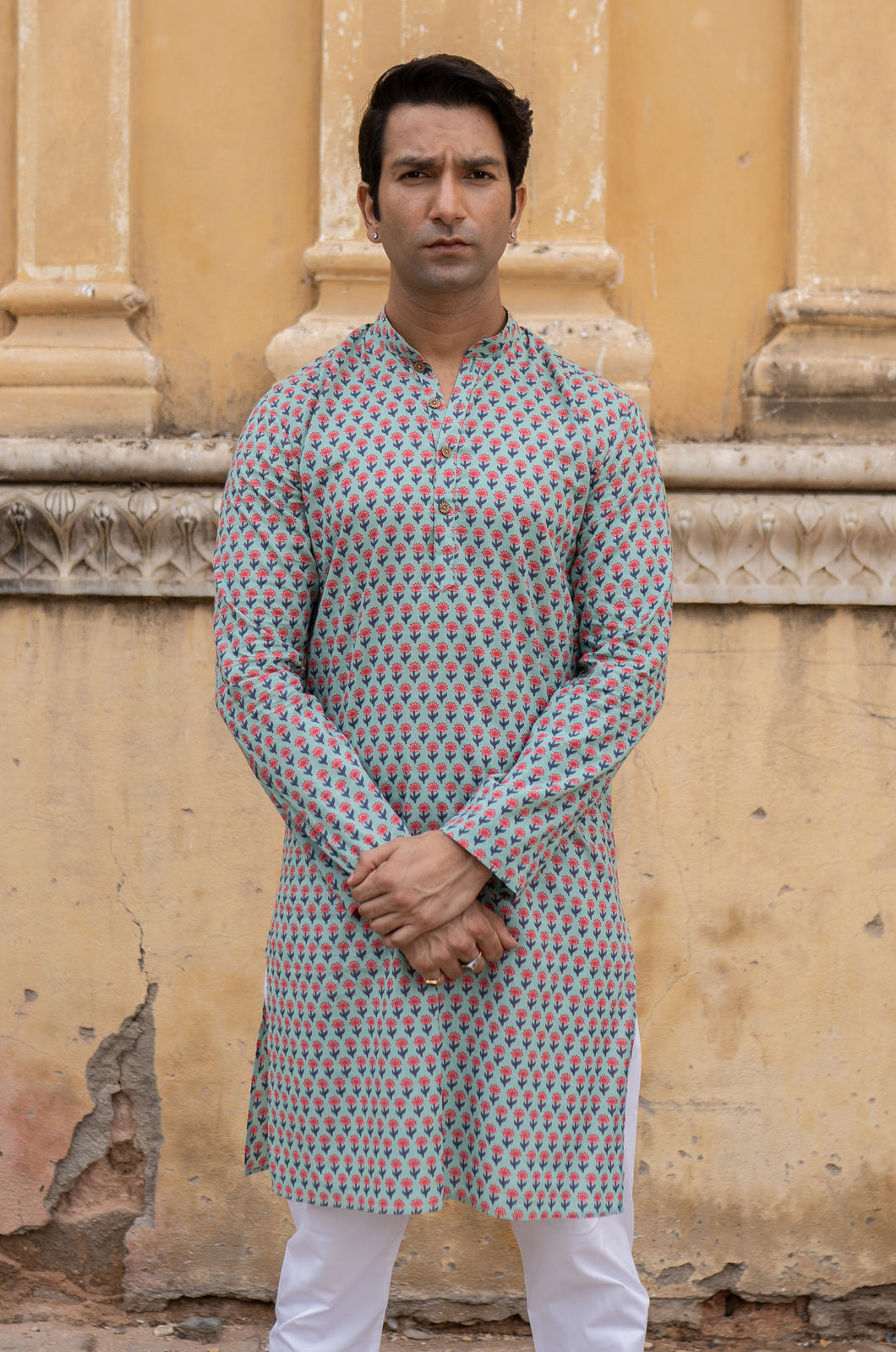 Grey Sky Slim Fit Block Print Kurta