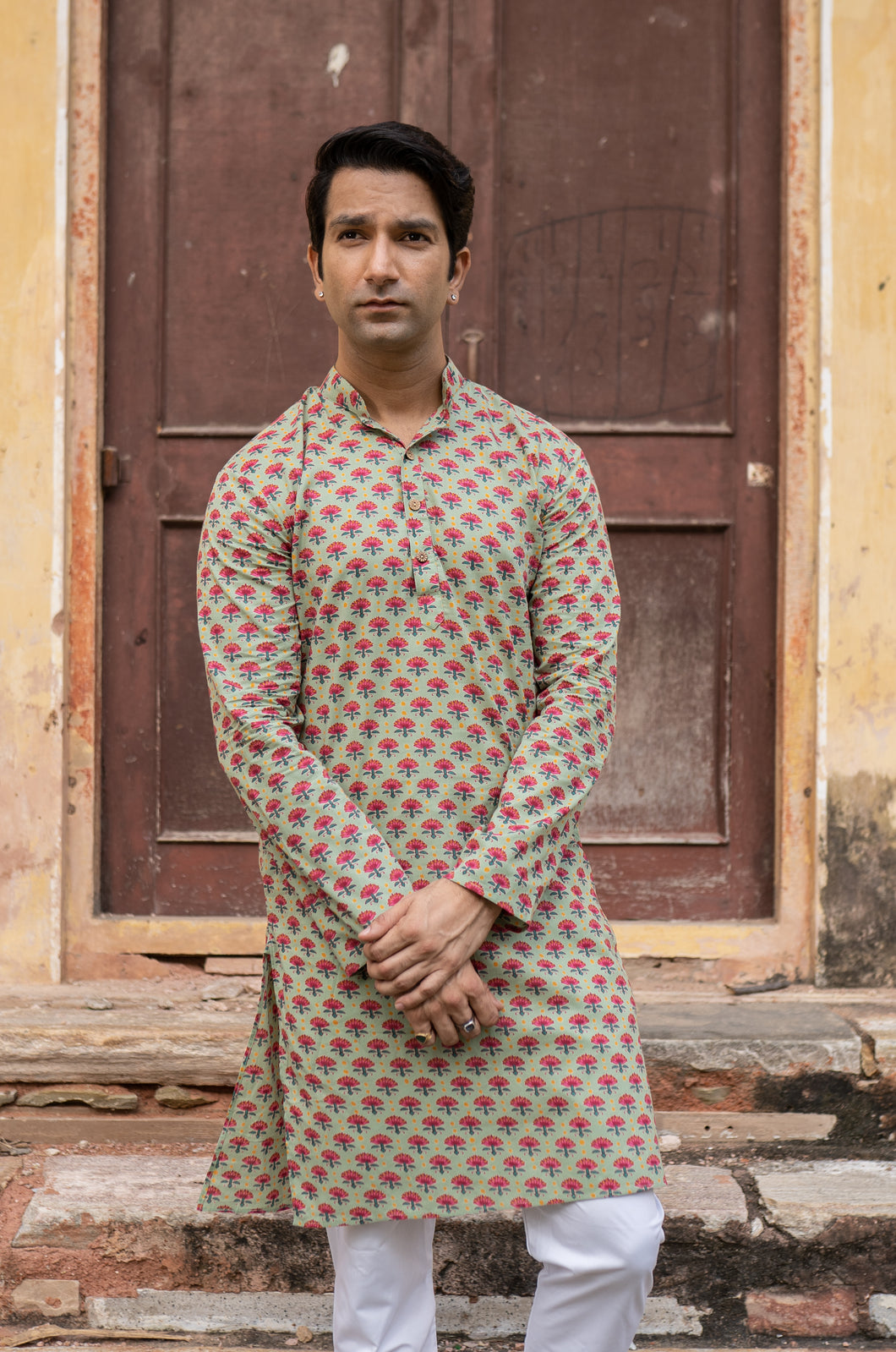 Pastel Green Slim Fit Block Print Kurta