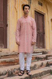 Rose Pink Slim Fit Block Print Kurta