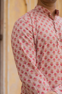 Rose Pink Slim Fit Block Print Kurta