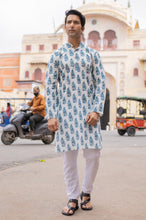 Load image into Gallery viewer, Blue Floral Slim Fit Block Print Kurta
