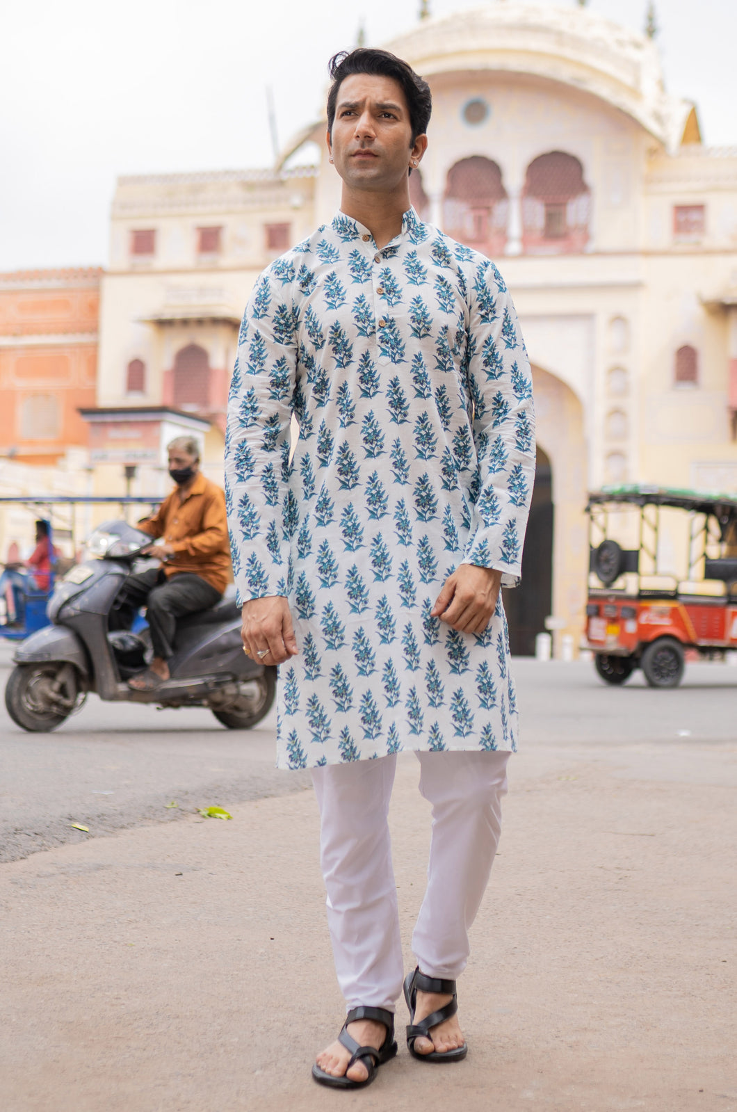 Blue Floral Slim Fit Block Print Kurta