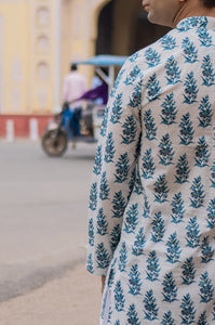 Blue Floral Slim Fit Block Print Kurta