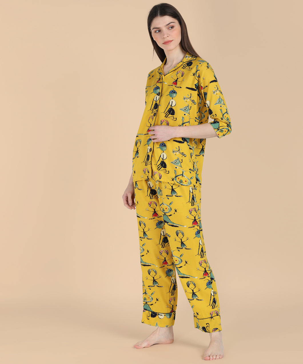 Yellow Doodle 3 Piece Night Suit